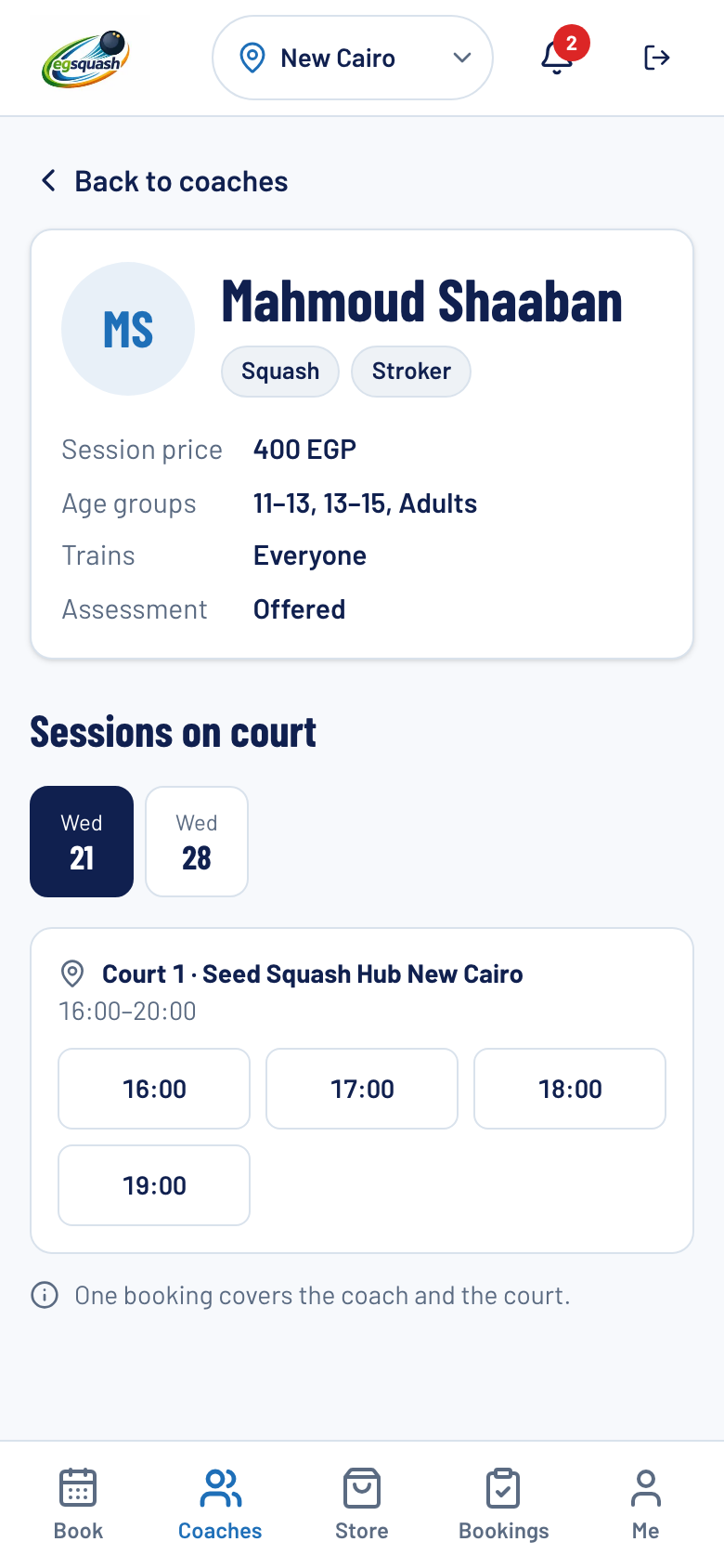 Coach profile with session price and bookable slots