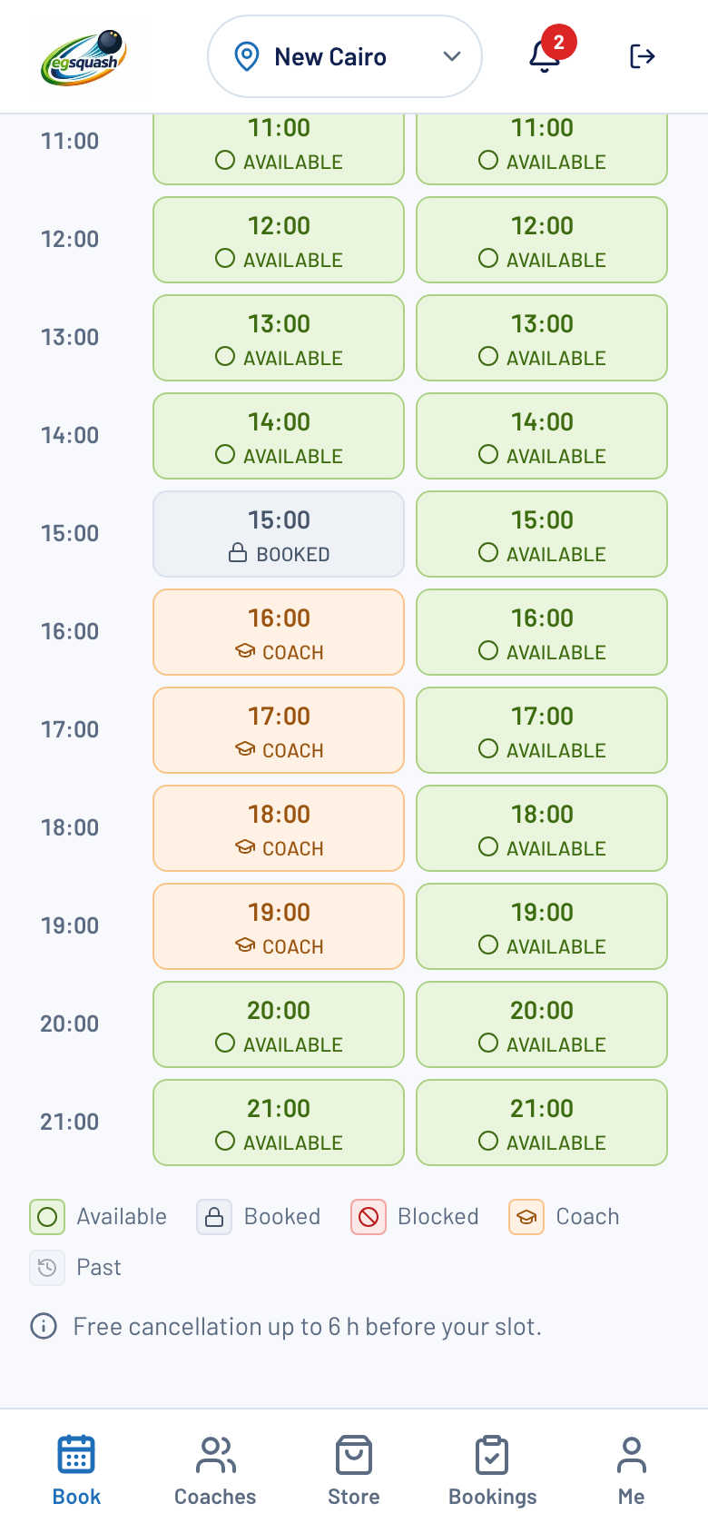 Court slot grid showing available, booked and coach slots